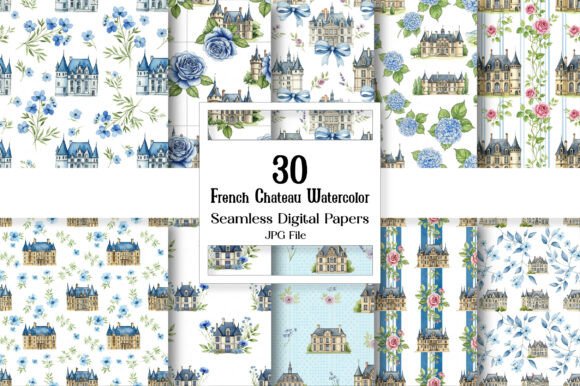 Download French Chateau Watercolor Digital Paper - Digital paper Collection