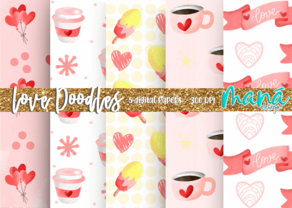 Download Watercolor Love Doodles Digital Papers - Digital paper Collection