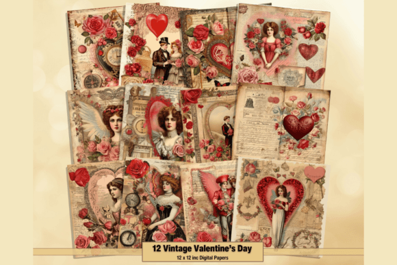 Download Vintage Valentine's Day Digital Papers - Digital paper Collection